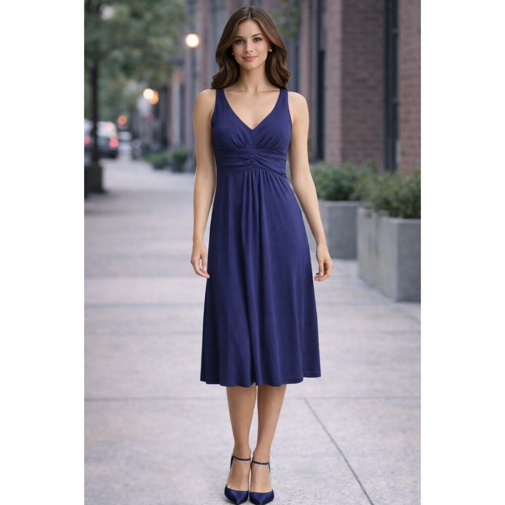 Ann Taylor Loft Navy Fit Flare Midi Dress Sz 6 Modest Minimalist Church Work